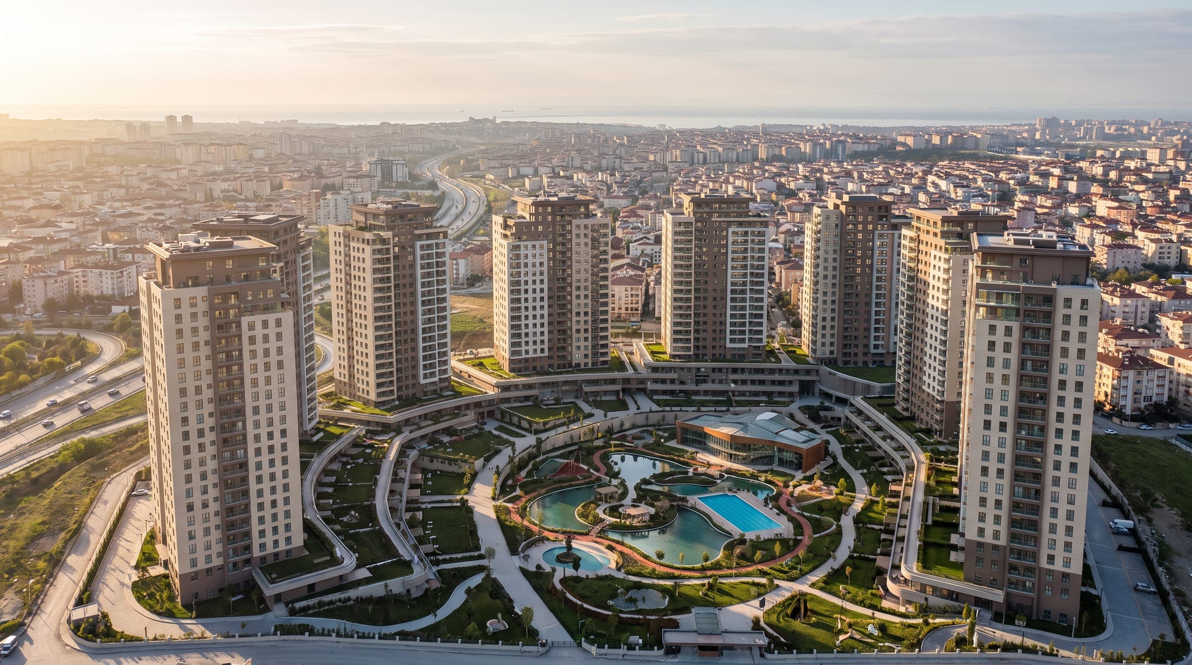 Avrupa Konutları Güneşli: kulelerin ortasında göletli, havuzlu park (temsili görsel)