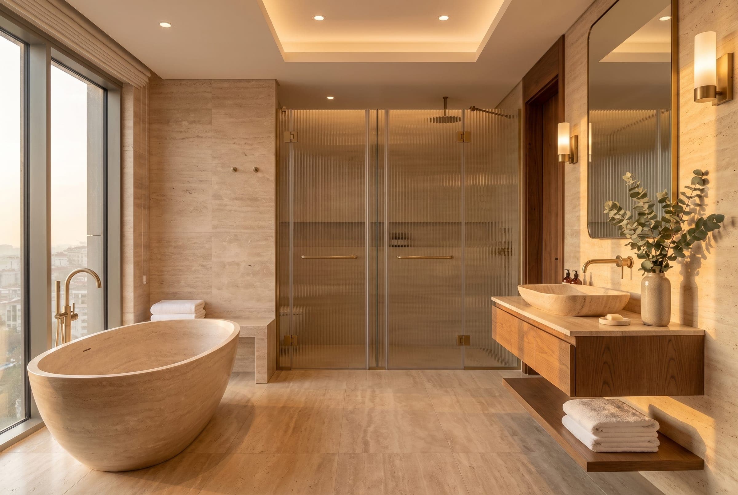 Banyo: traverten duvarlar, taş küvet, pirinç armatürler