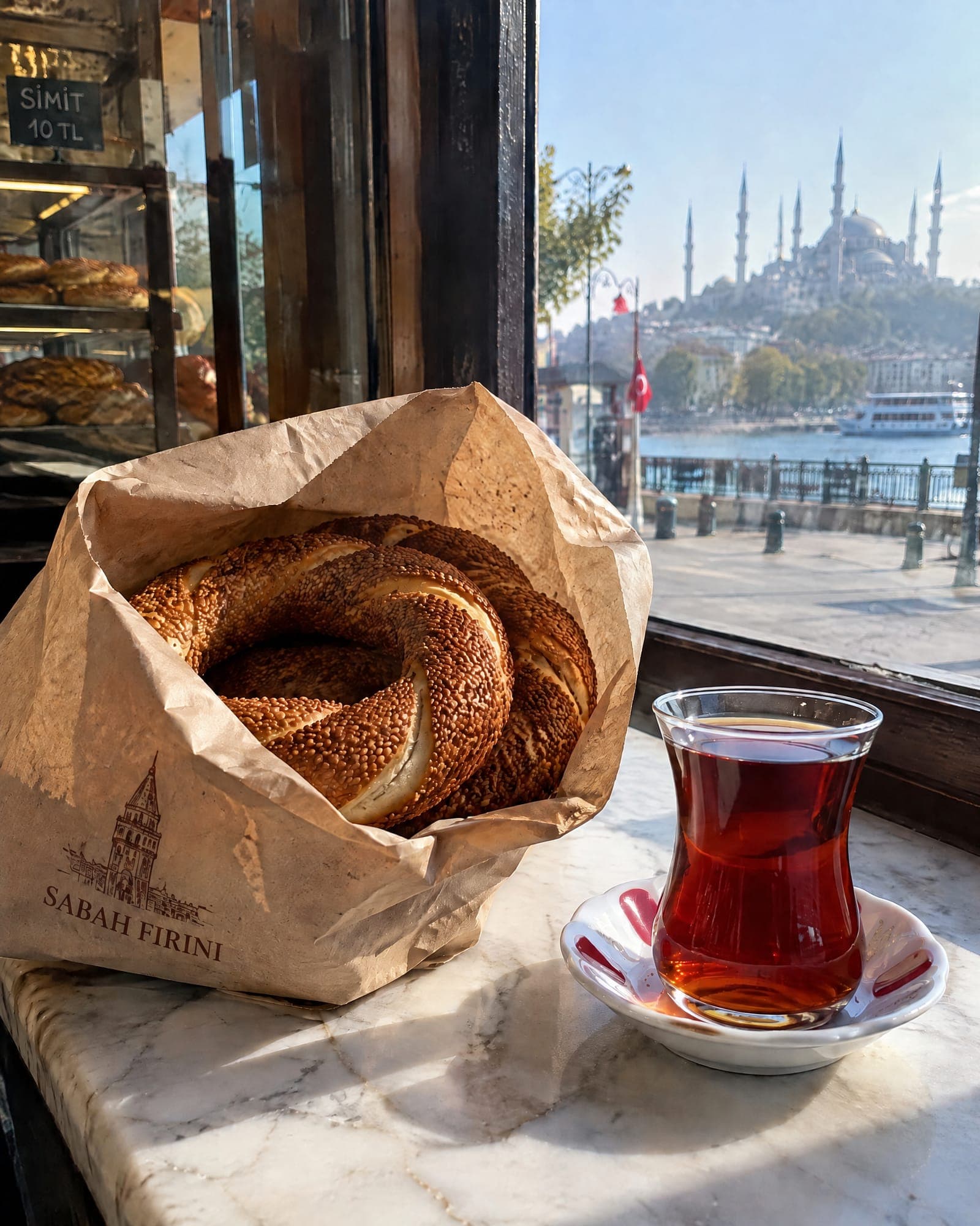 Fırın penceresinde kese kâğıdında simitler ve bir bardak çay