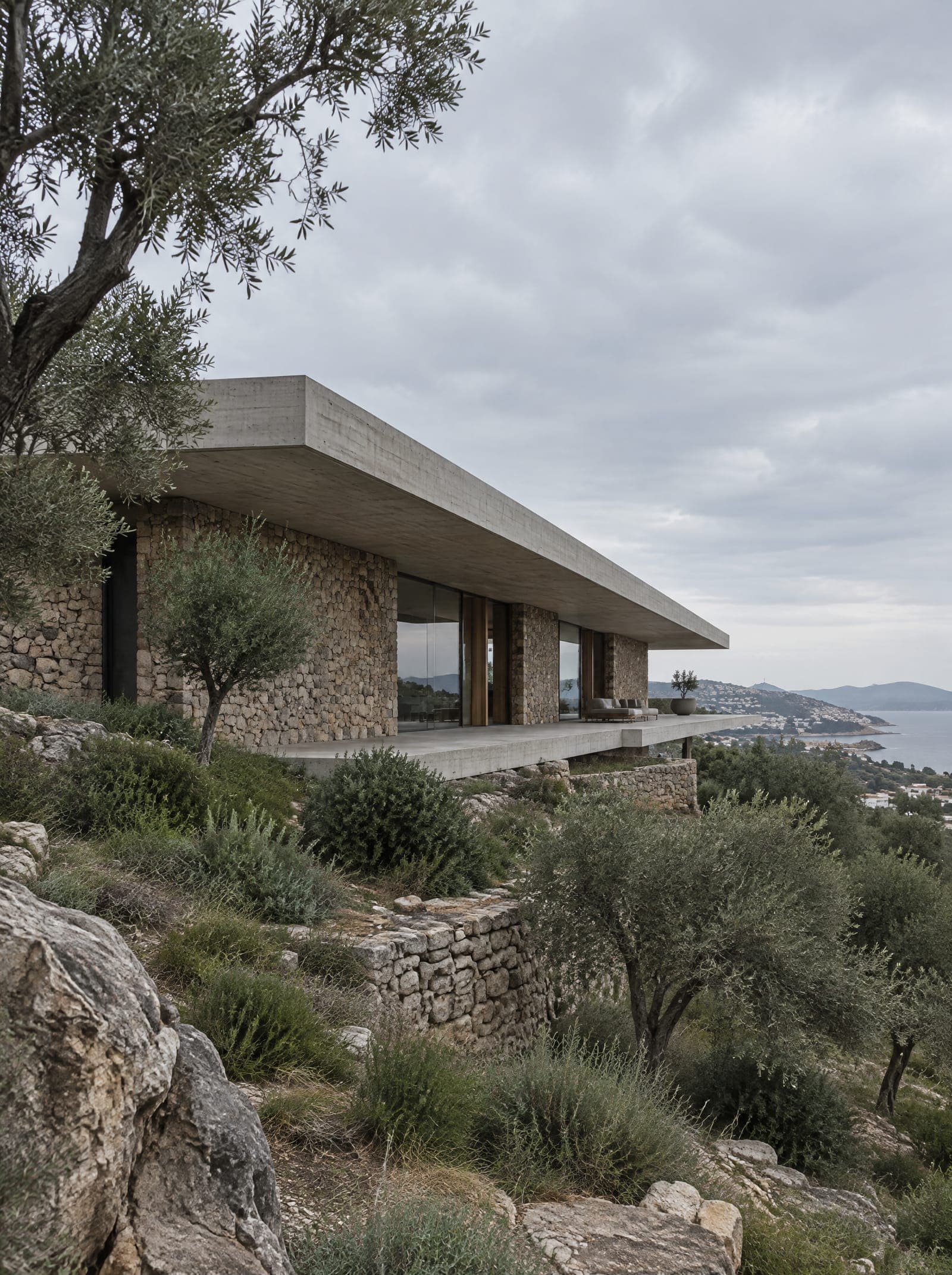 Bodrum'da zeytin ağaçları arasında beton ve taştan uzun, alçak bir ev