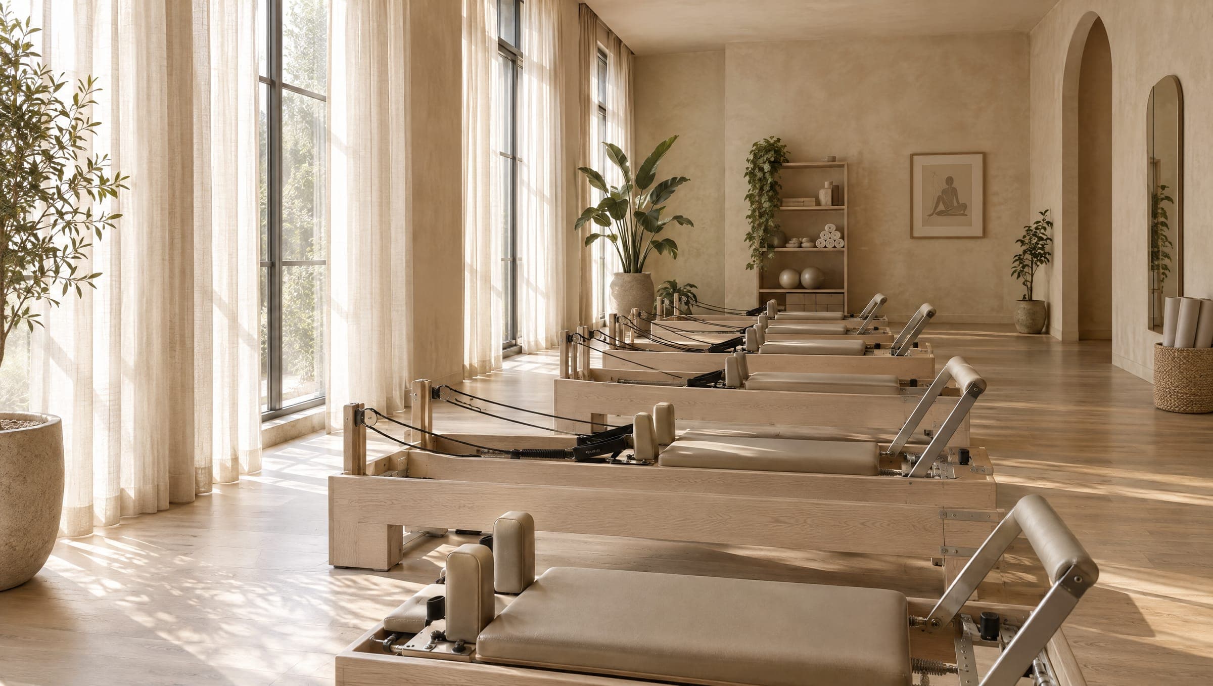 Sabah ışığında ahşap reformer aletleriyle sakin bir pilates stüdyosu
